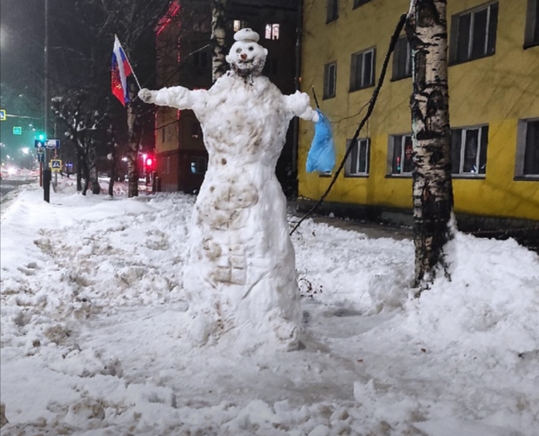 В Междуреченске из снега слепили удивительного человека с флагом
